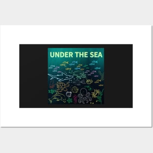 under the sea,blue sea,sea creatures,Turtle, puffer fish, starfish, shrimp, shark, tropical fish, sea horse, seaweed, sardines, squid, crabs, clams Posters and Art